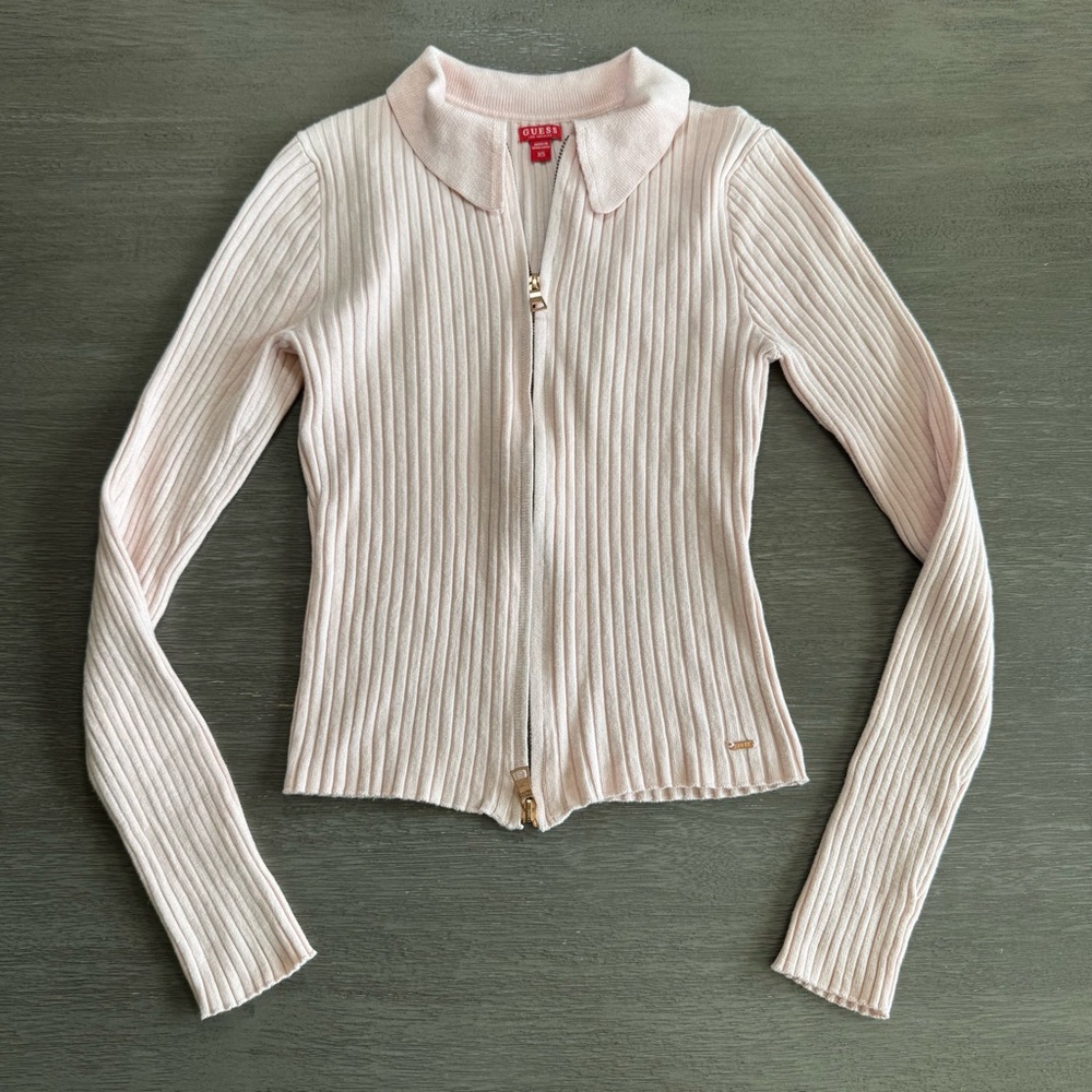 Guess Y2K Double Zipper Ribbed Pink Cardigan Top XS